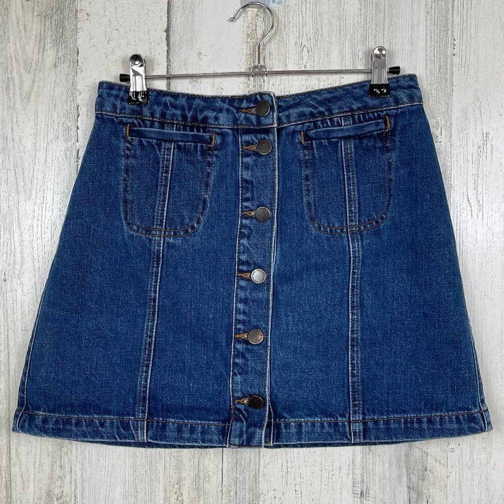 Topshop Moto denim mini skirt blue pockets button up size 28